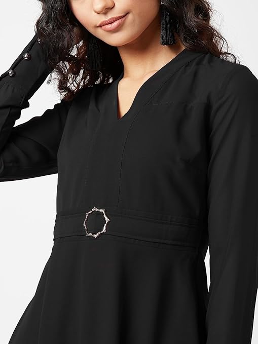 Miss Olive Women's Black V-Neck Full Sleeve Solid Fit & Flare Midi Dress