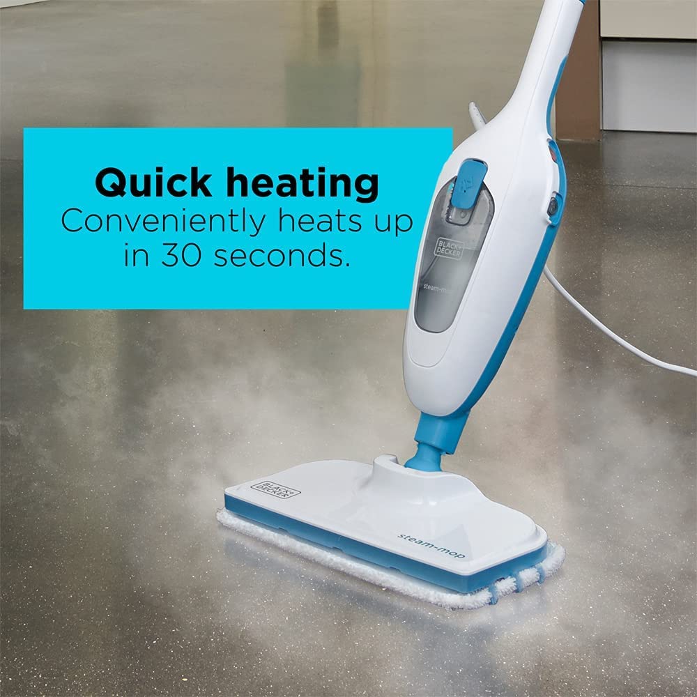 BLACK+DECKER Steam Mop, 1300W, Superheated Steam, 180° Swivel Steering, Microfiber Pad, 4m Cable, Safe on All Sealed Floors, for Home & Office, ECO Friendly, White/Blue - FSM13E1-B5