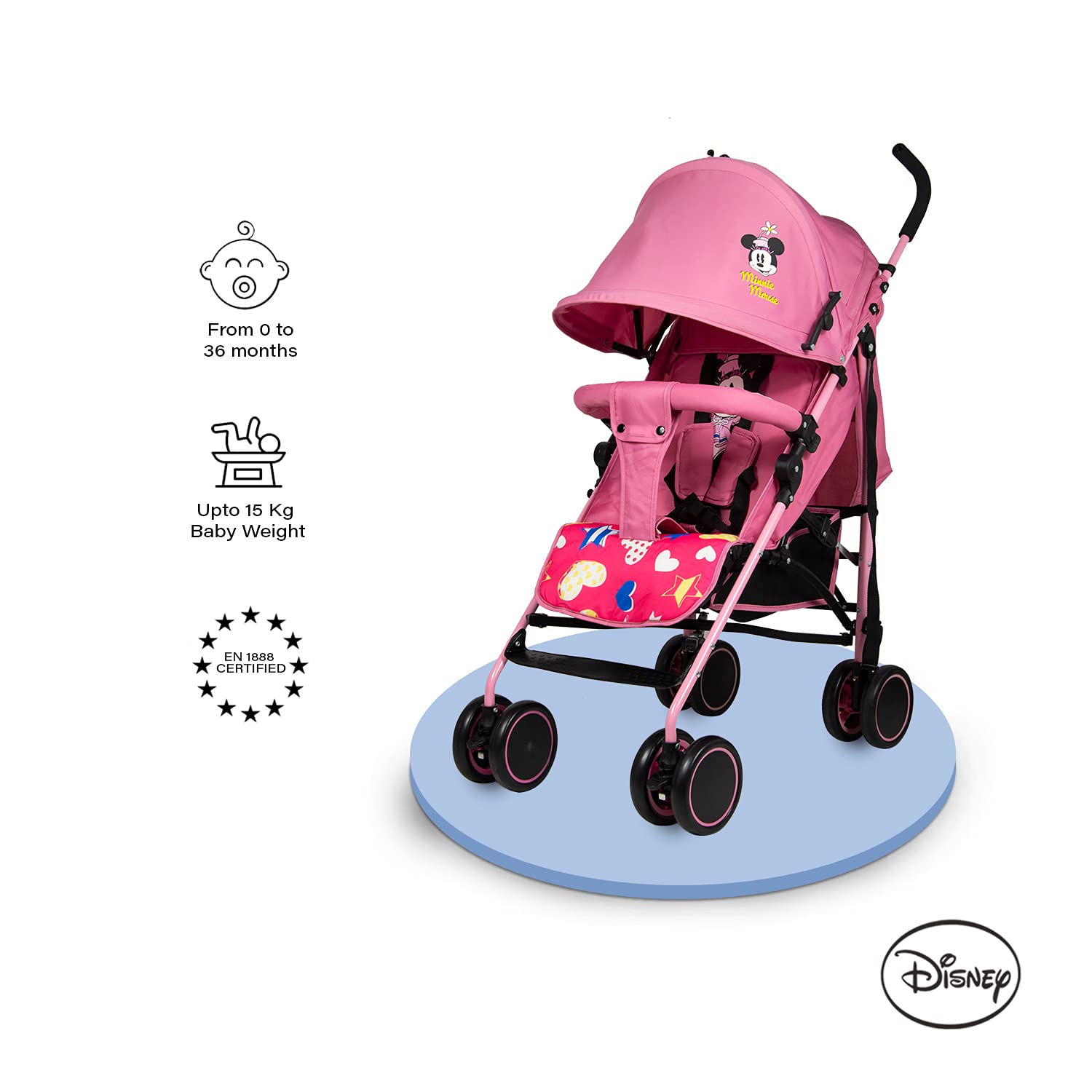 Disney Minnie Mouse Lightweight Adventure Stroller + Storage Cabin | 0-36 months, Compact Design, Shoulder Strap, Adjustable Reclining Seat and More.