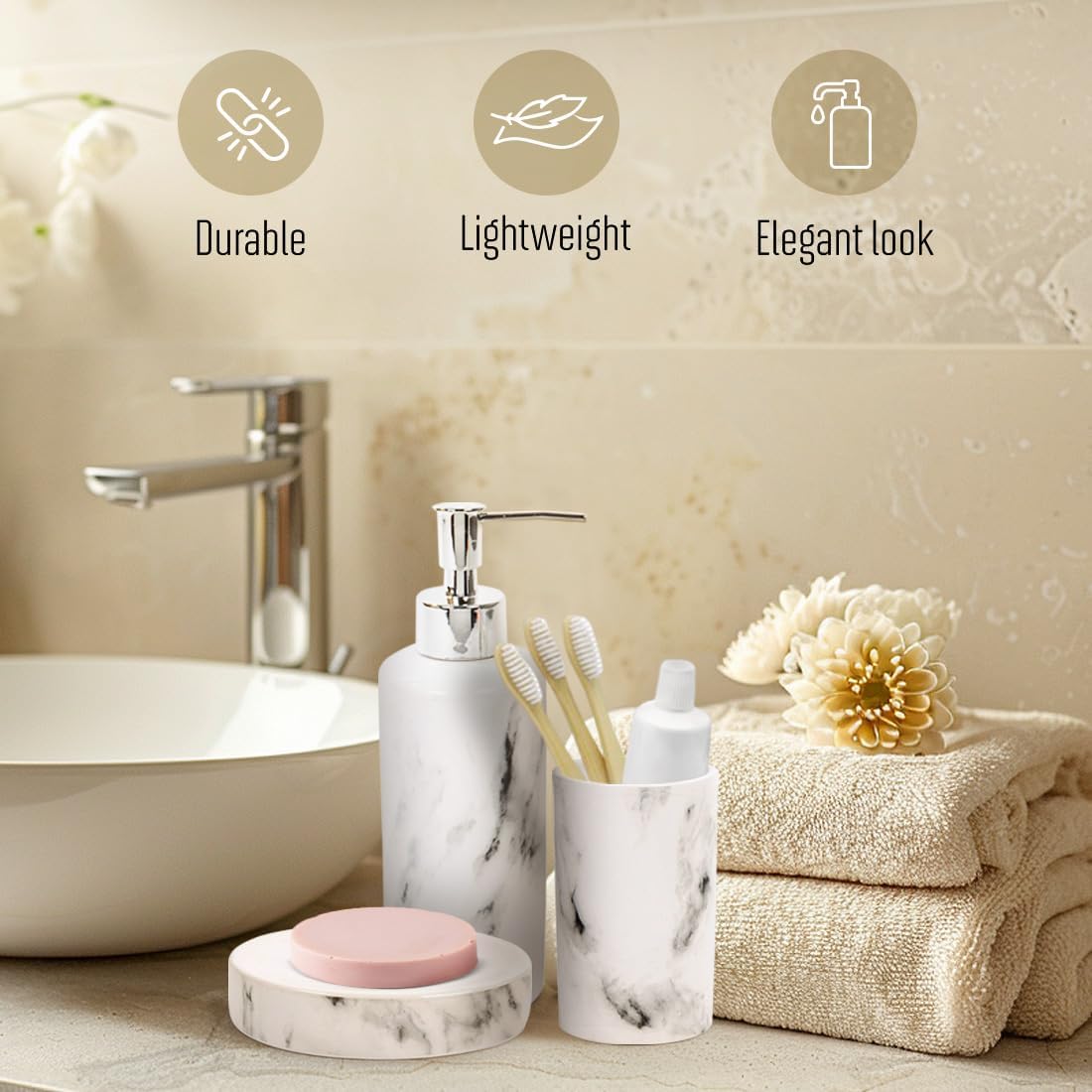 Bodico White 3-Piece Marble Bathroom Accessory Set