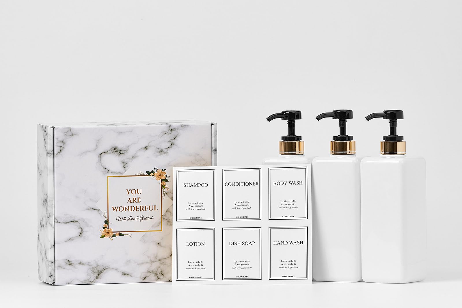 HARRA HOME Modern Gold Design Pump Bottle Set 27 oz Refillable Shampoo and Conditioner Dispenser Empty Shower Plastic Bottles with Pump for Bathroom Lotion Body wash Massage Oils, Pack of 3 (Black)