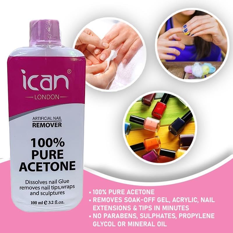 ICAN LONDON 100% Pure Acetone Nail Polish Remover UV GEL Soak Off 100ML