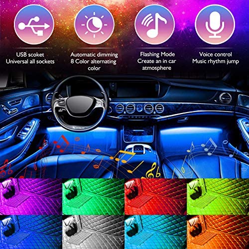 Car LED Strip Lights, 4pcs 48 USB LED Interior Lights, MultiColor Music Car Strip Light Under Dash Lighting Kit with Sound Active Function and Remote Controller, DC 5V