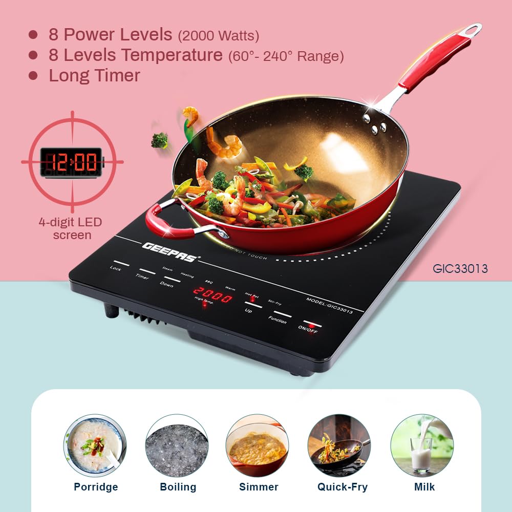 Geepas 4 Digit LED Display Digital Infrared Cooker, GIC33013 | 8 Temperature Settings | 3hrs Programmable Timer | 2000W Ceramic Heating Element