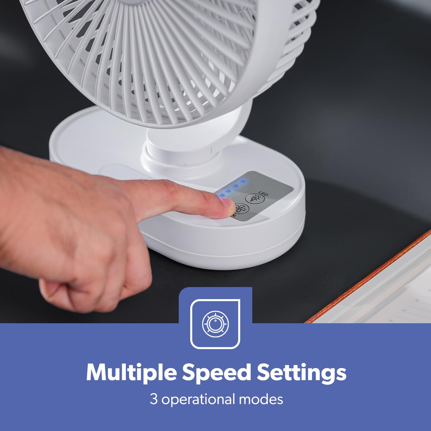 Geepas 8-inch Rechargeable Fan with Night Light | GF21157 | 3 Speed Settings | Rechargeable Lithium Battery with 9hrs Working | 3 Blade Fan with Adjustable Head