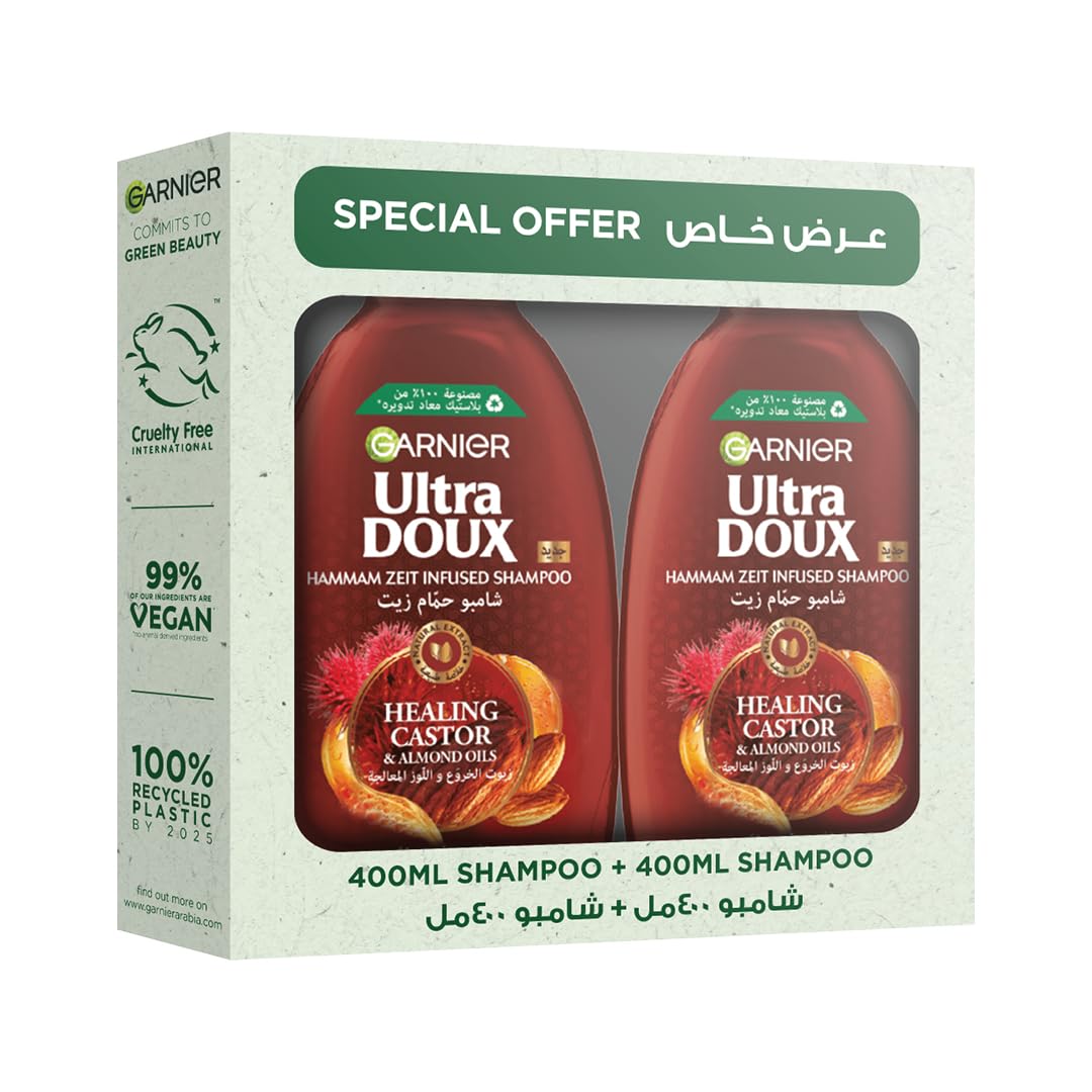 Garnier Ultra Doux Healing Castor & Almond Oil Twin Pack Shampoo 400ml + Shampoo 400ml