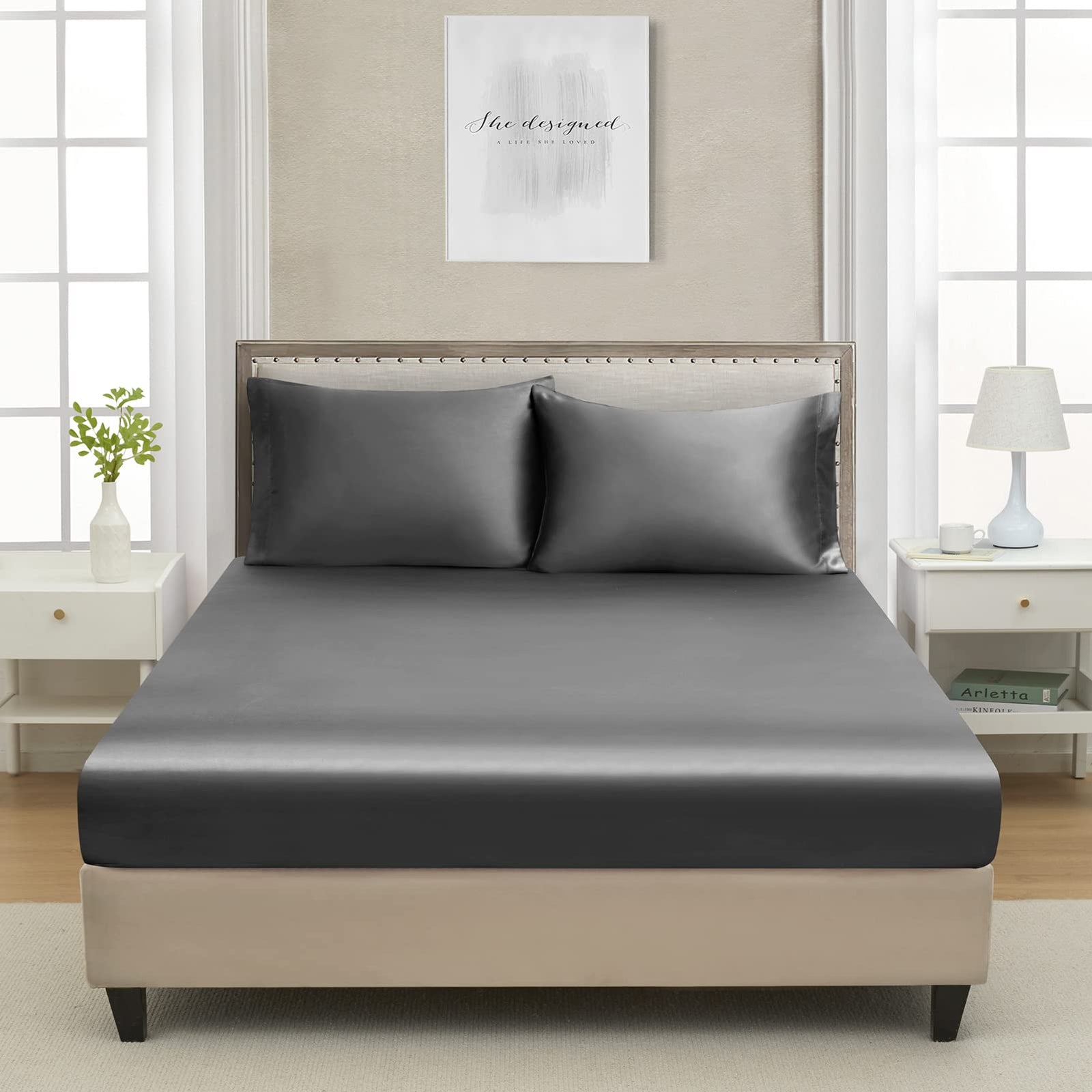 Queen Silk Satin Fitted Sheet, Soft Deep Pocket Single Bottom Bed Sheets Sold Separately, Wrinkle Free, Non- Fading, Breathable, Fully Elasticized(Queen Size, Dark Grey)