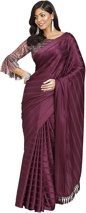 Womanista Women's Magenta Satin Striped Saree(TI_2881_Magenta_Onesize)