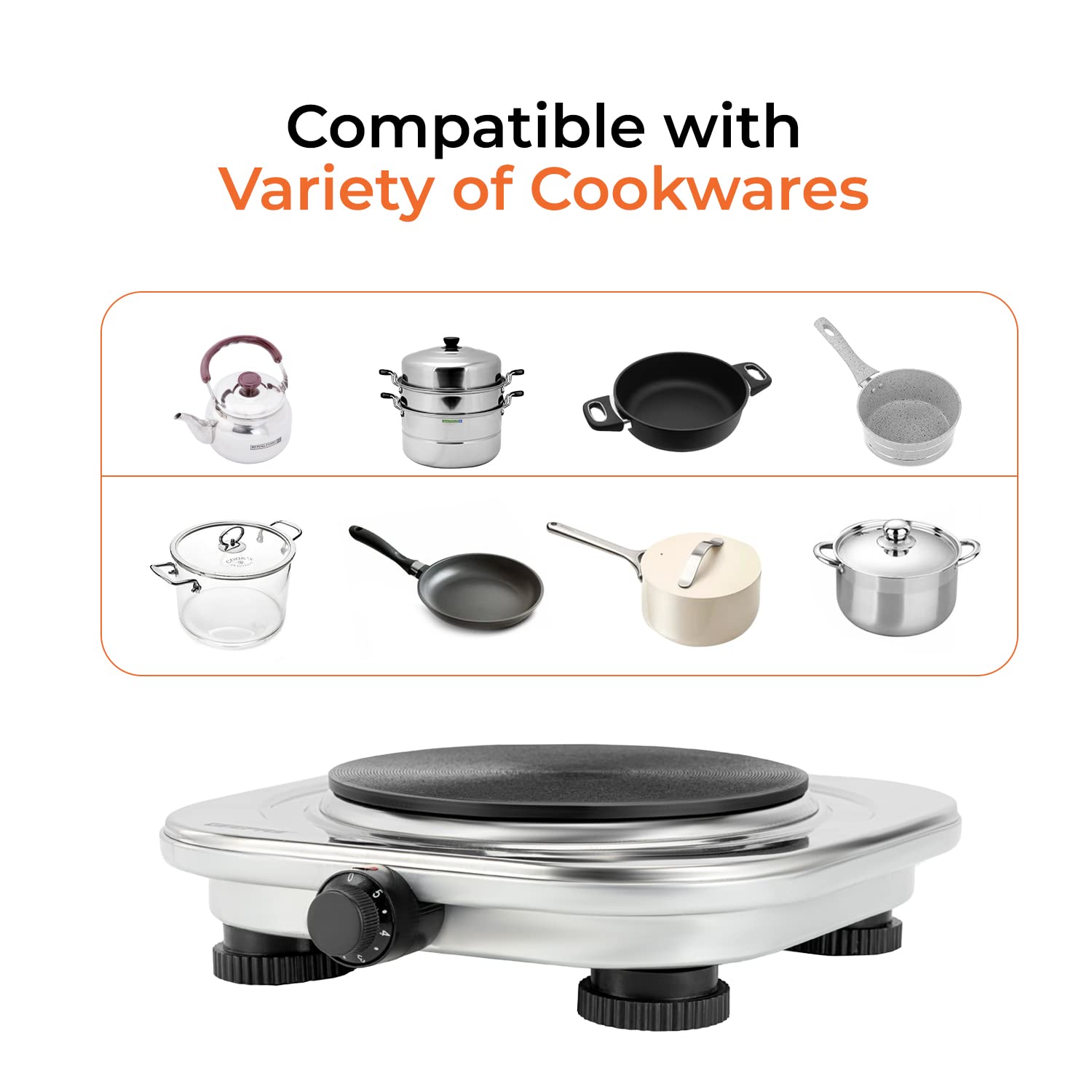 Geepas Stainless Steel Single Hot Plate, Indicator Light, GHP32023 1500W, Adjustable Temperature Control, Overheat Protection,2 Years Warranty, Silver