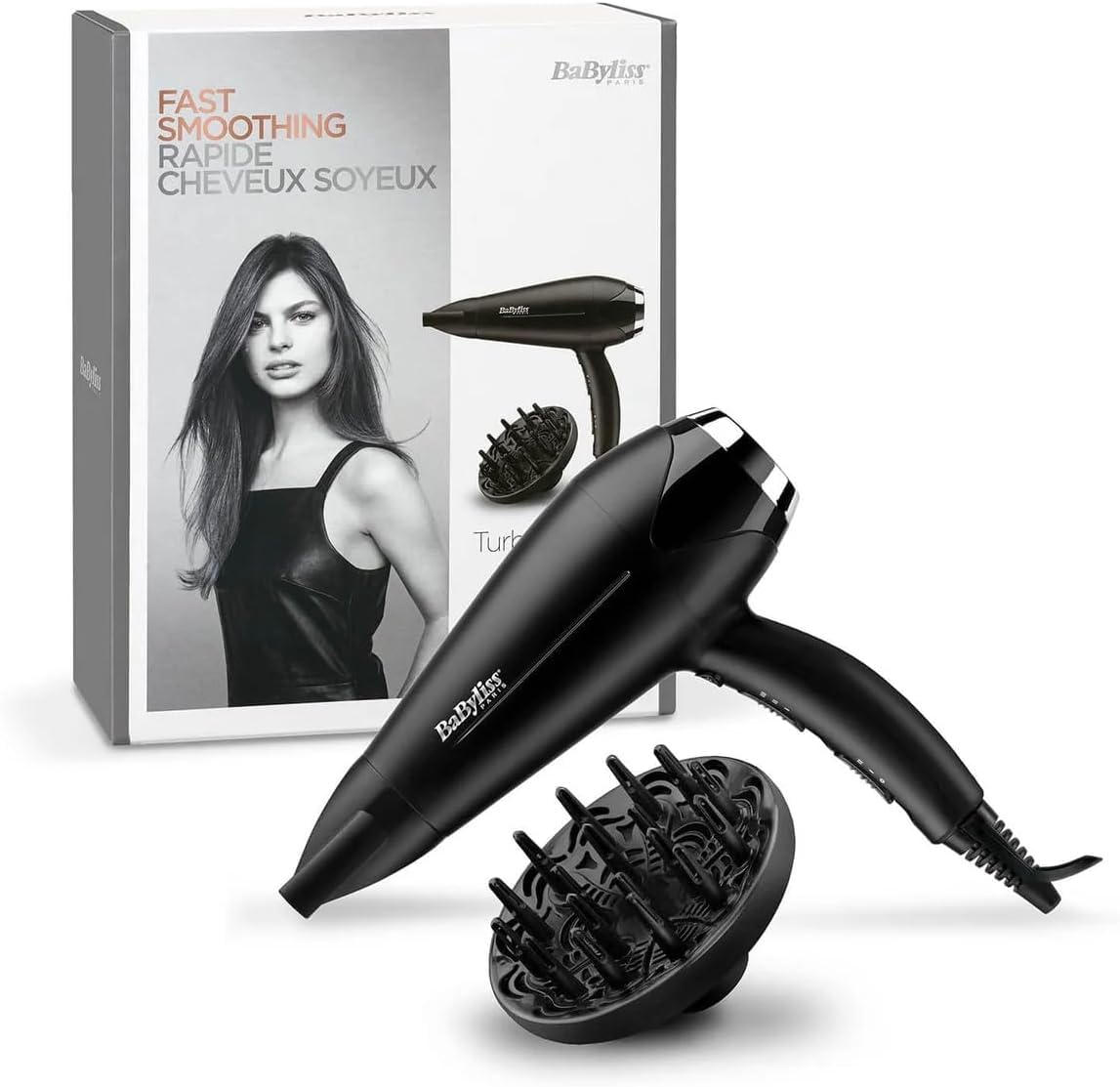 BaByliss Hair Dryer Turbo Smooth 2200, Powerful Dryer With Adjustable Speed Settings, Multiple Heat Settings For Customized Styling, Ionic Technology Reduces Frizz And Enhances Shine, D572DSDE (Black)