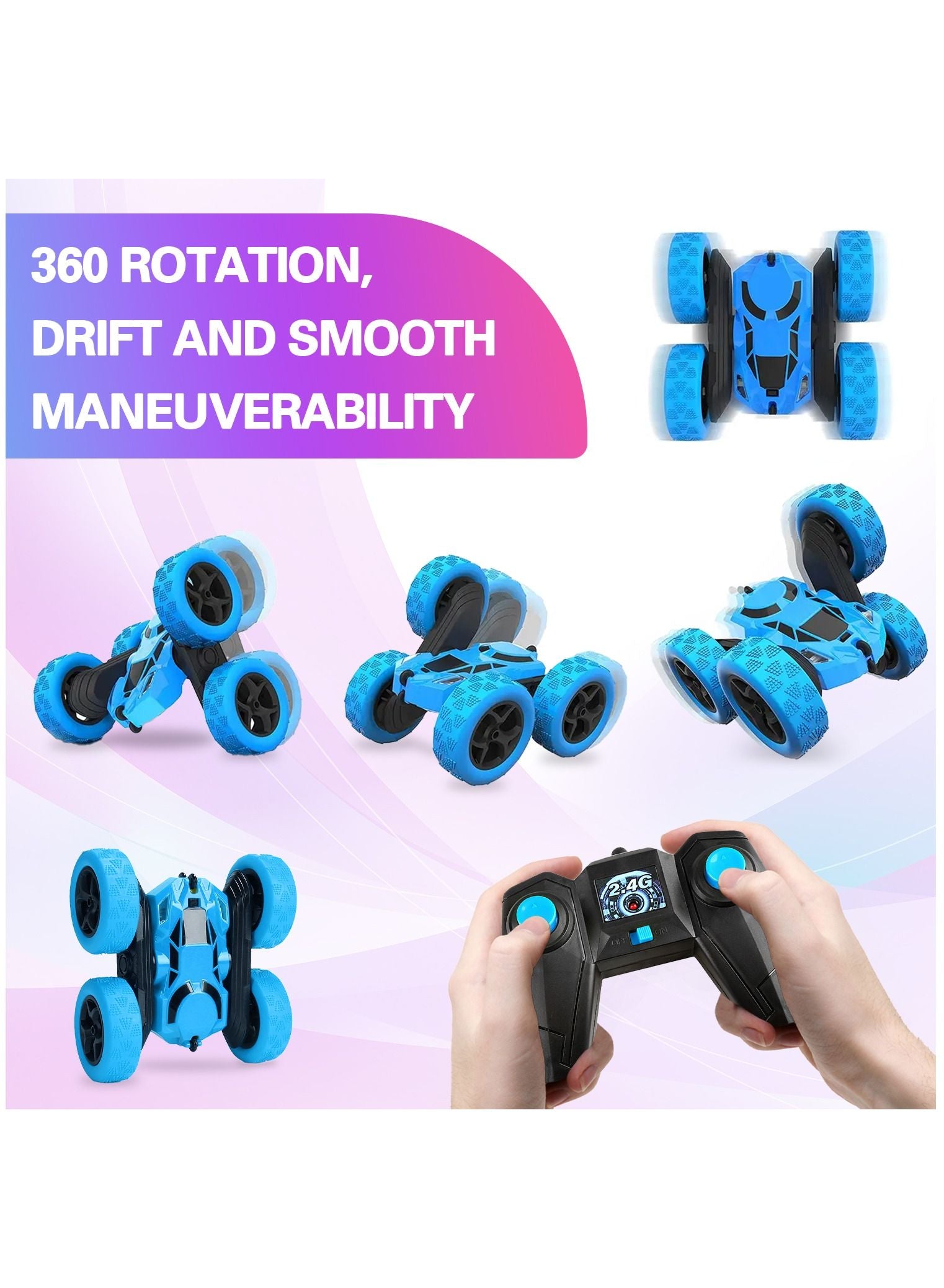 GRAFLO Remote Control Car Double Sided 360°Rotating 4WD RC Cars with Headlights 2.4GHz Electric Race Stunt Toy Car Off-Road Stunt Car Rechargeable Toy Cars for Boys (Blue)