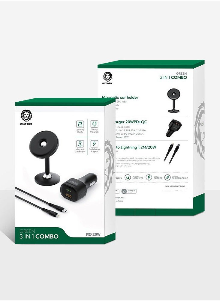 جرين ليون 3 في 1 كومبو (حامل سيارة مغناطيسي / شاحن سيارة 20 واط PD-QC / USB-C إلى لايتنينج - أسود)