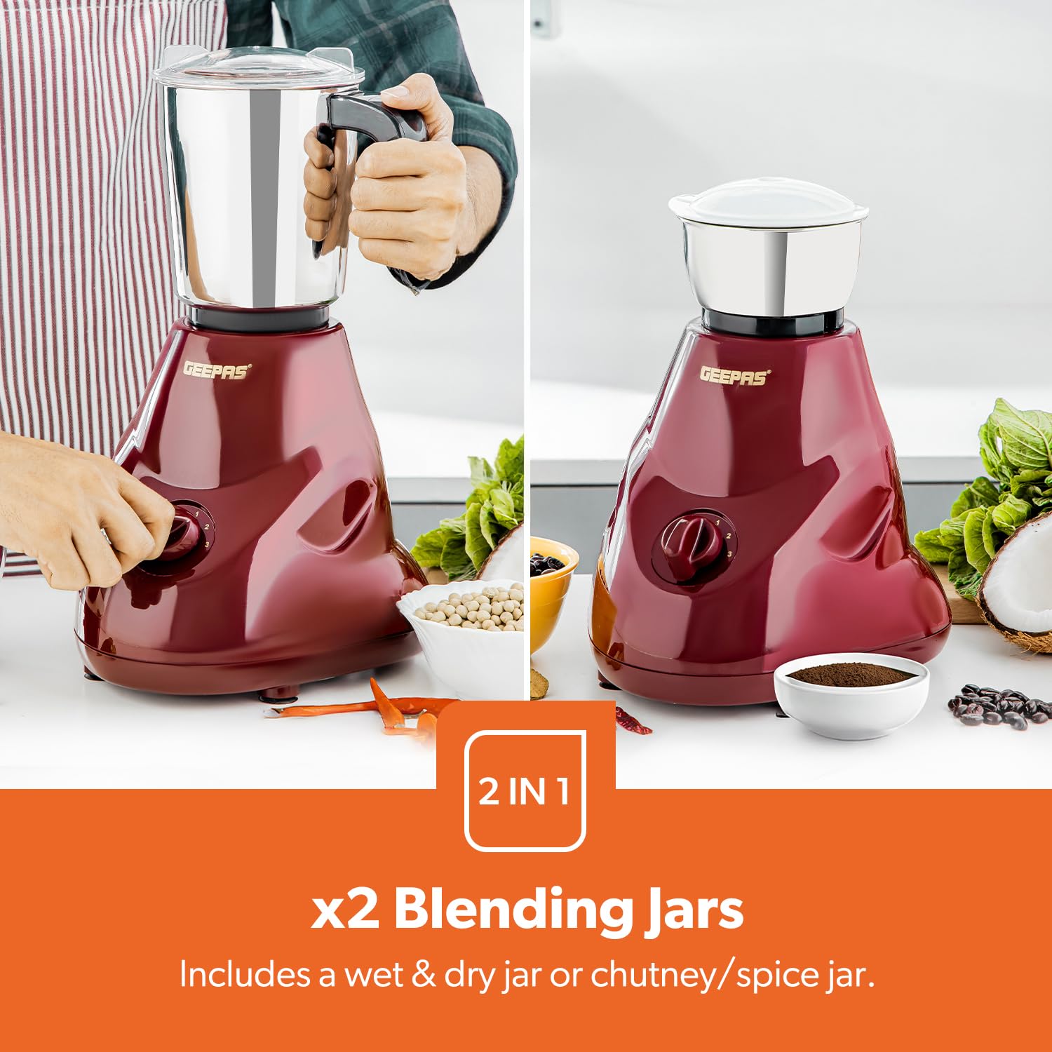 Geepas 2-IN-1 Mixer Grinder- GSB44091| 550W Powerful Motor, Stainless Steel Jars and Blade| Ergonomic Grip and Equipped with Overload Protector| Perfect for making Smoothies, Milkshakes, Etc