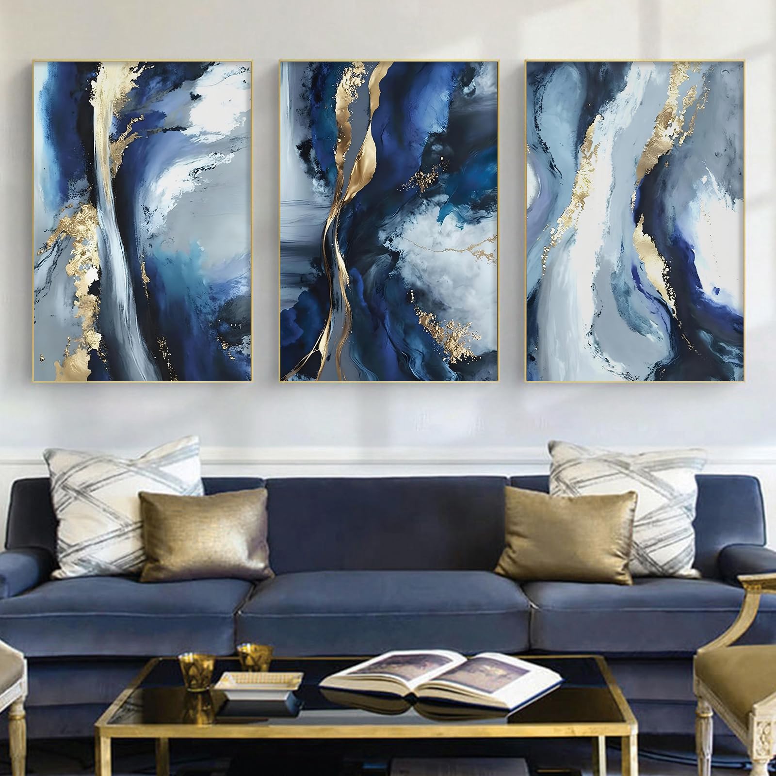 Blue Gold Abstract Wall Art Blue and White Abstract Prints Blue Yellow Abstract Art Blue White and Gold Canvas Painting Navy Blue Modern Artwork Blue Gold Pictures Wall Decor 16x24inx3PCS No Frame