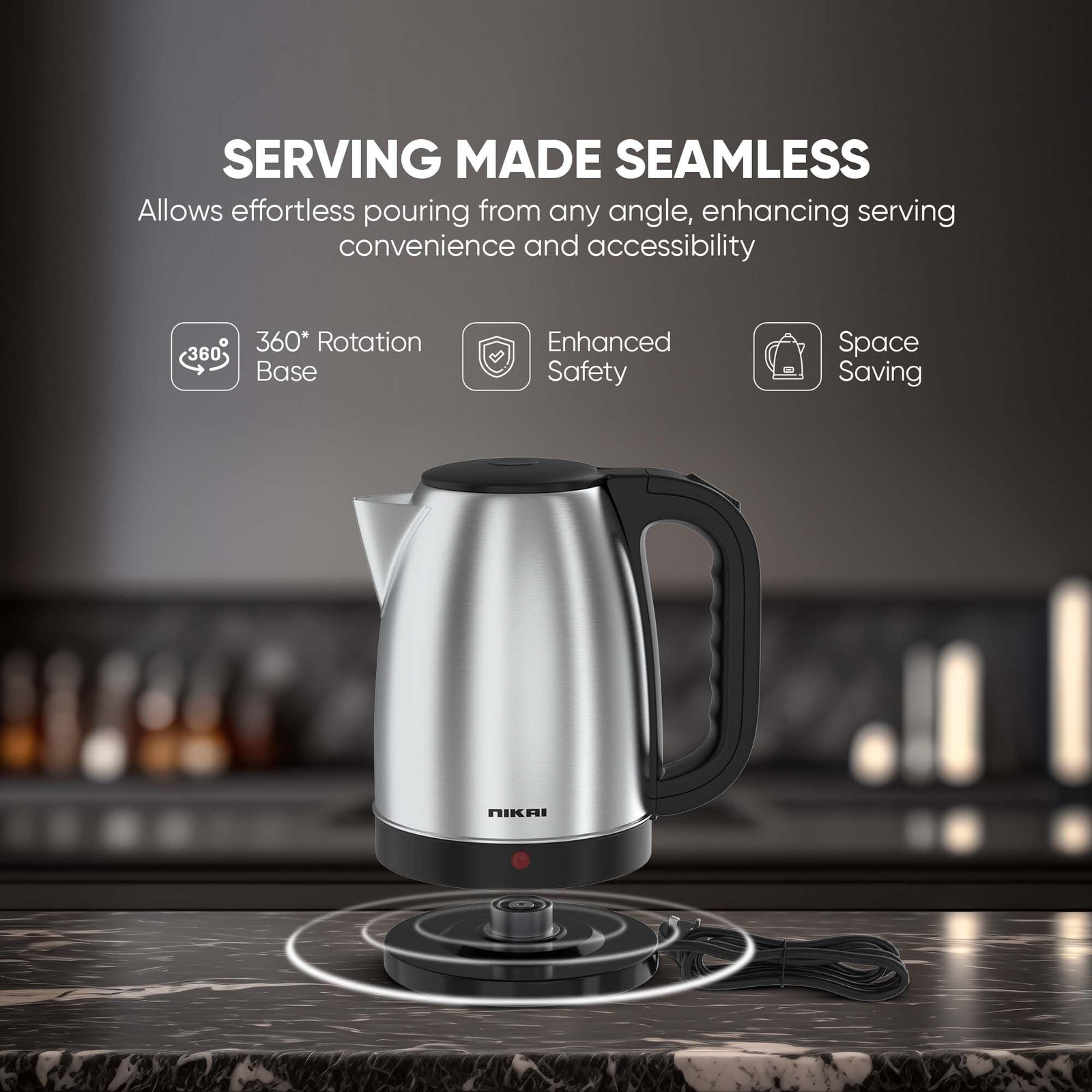 Nikai 1.7L Stainless Steel Electric Kettle, 2200W Power, Stylish & Safe Boiling, Auto Shut Off, Indicator Light, 360° Rotating Base, Timeless Design, Matt Finish, Ideal for Home & Office use - NK420A