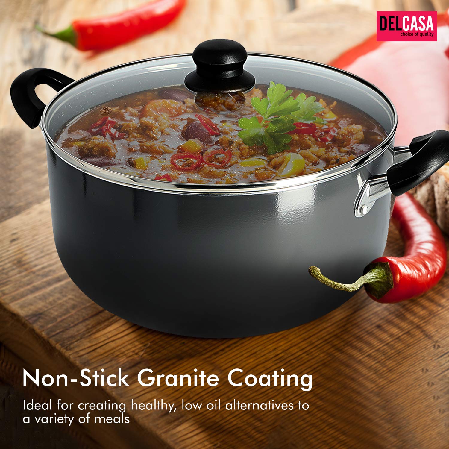 Delcasa Aluminium Casserole With Glass Lid, 26Cm – Induction Safe Saucepan With Durable Non-Stick Granite Coating Stock Pot With Glass Lid & Heat-Resistant Handles Cookware Casserole Pan