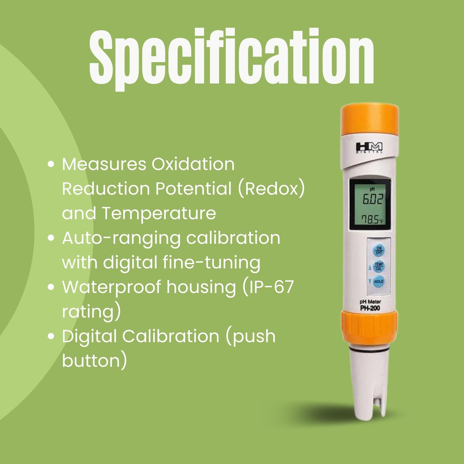 HM Digital PH-200 Waterproof pH Meter, 0-14.00 pH Range, 0.01 pH Resolution, +/- 0.02 pH Readout Accuracy