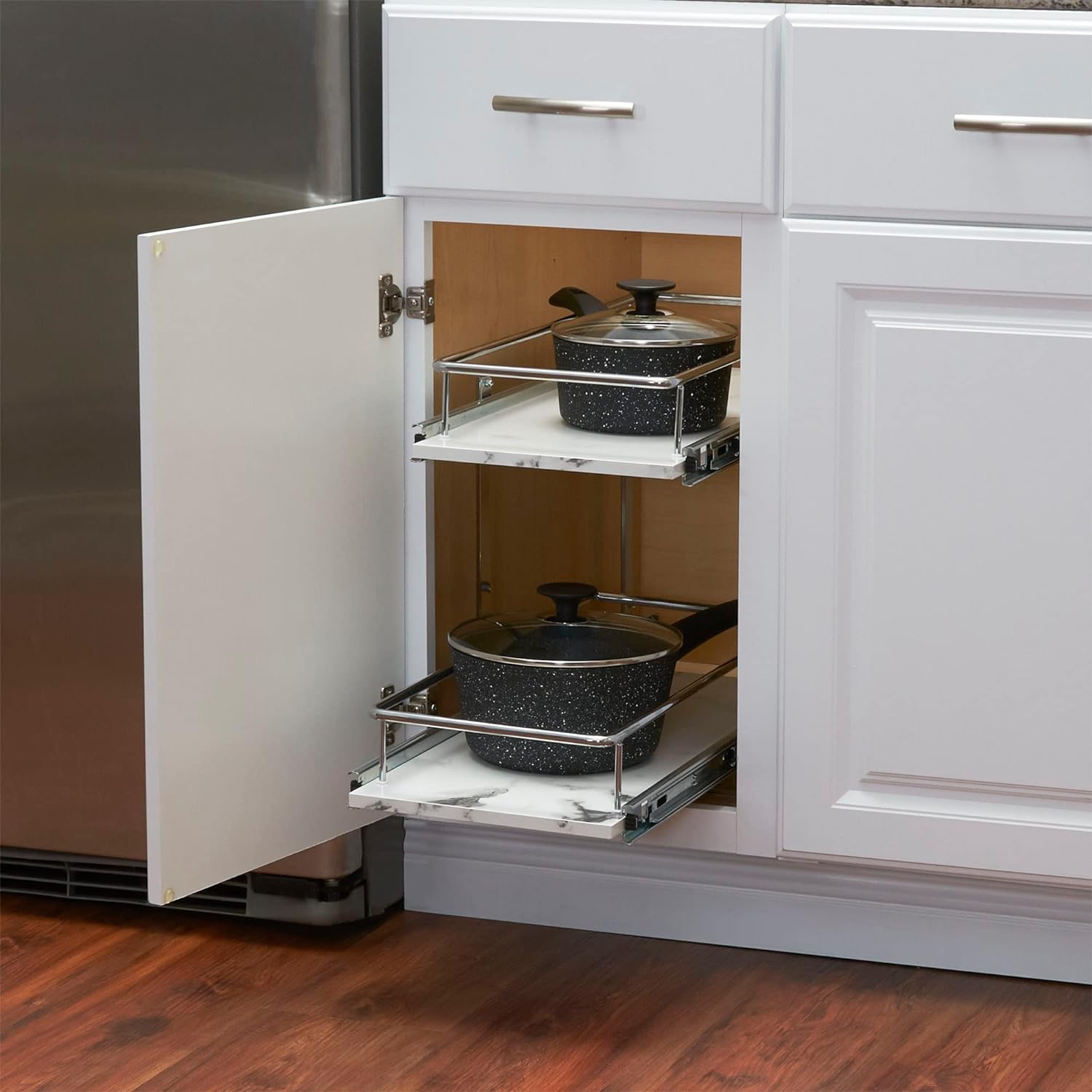Household Essentials Sliding Cabinet Organizer, Dual Shelf, Chrome and Faux Marble Kitchen Organizer