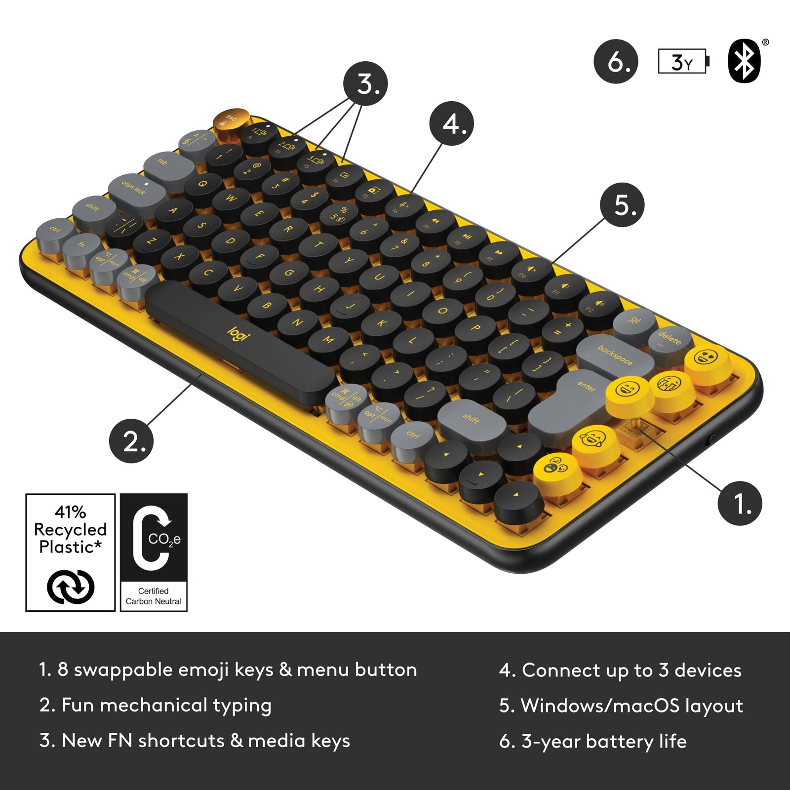 Logitech POP Keys Mechanical Wireless Keyboard with Customizable Emoji Keys, Durable Compact Design, Bluetooth or USB Connectivity, Multi Device, OS Compatible, Yellow, ARA Keyboard