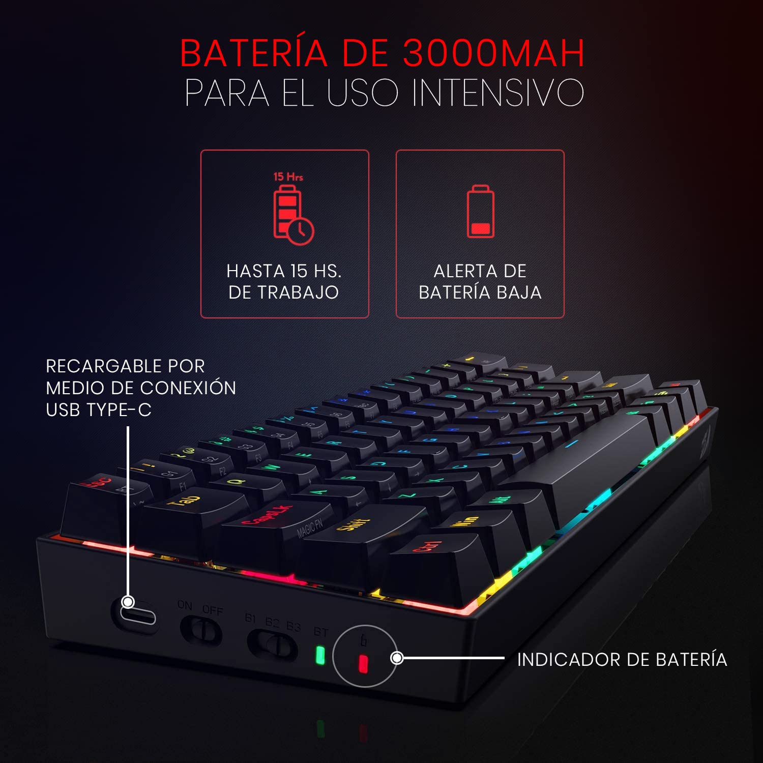 Redragon K530 Draconic 60% Compact Rgb Wireless Mechanical Keyboard, 61 Keys Tkl Designed 5.0 Bluetooth Gaming Keyboard With Brown Switches And 16.8 Million Rgb Lighting For Pc, Laptop, Cell Phone