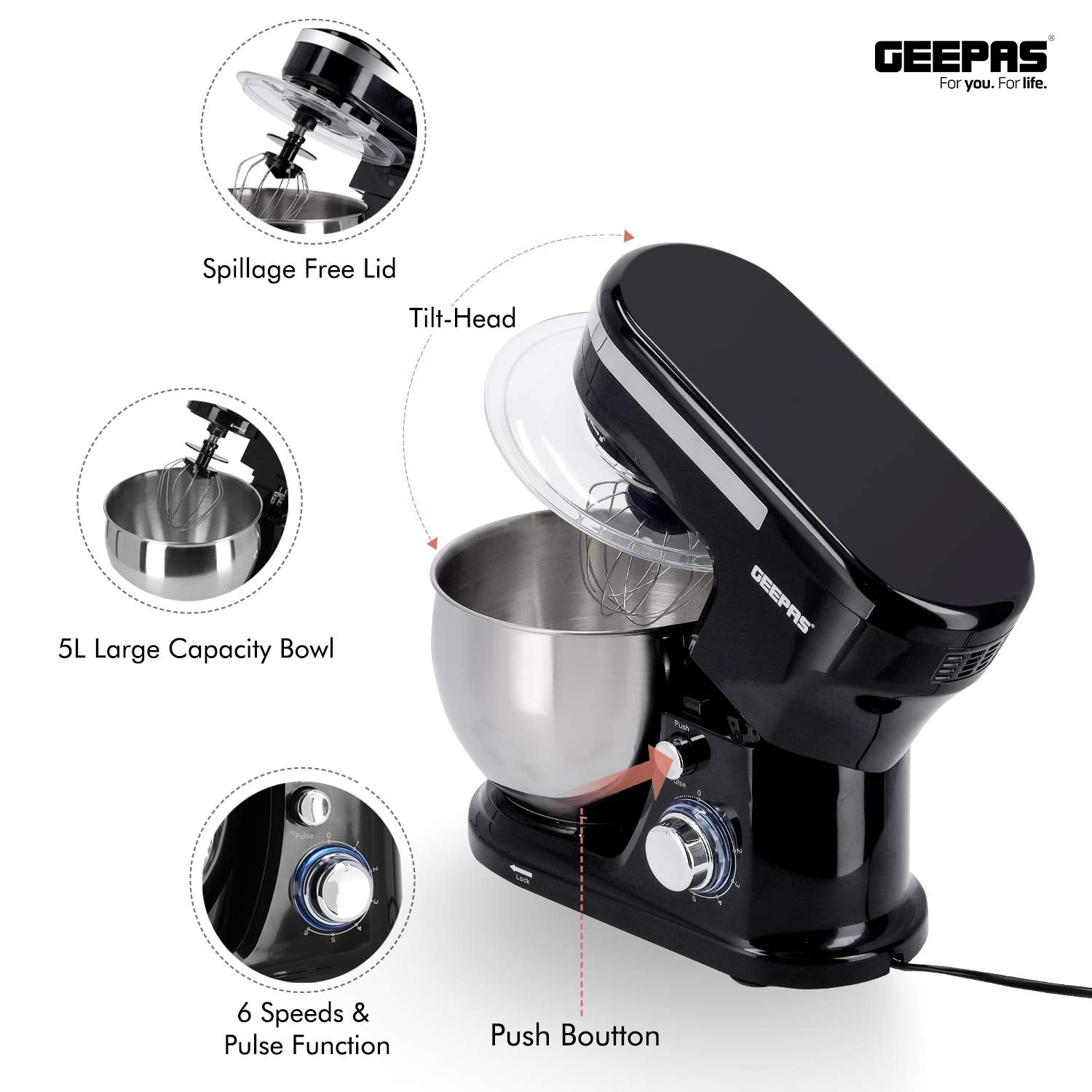 Geepas 5L Food Stand Mixer | 1000W Stainless Steel Mixing Bowl & Splash Guard | 6 Speed With Pulse & Balloon Whisk Flat Beater & Dough Hook | 2 Years Warranty, Black, Gsm43038UK