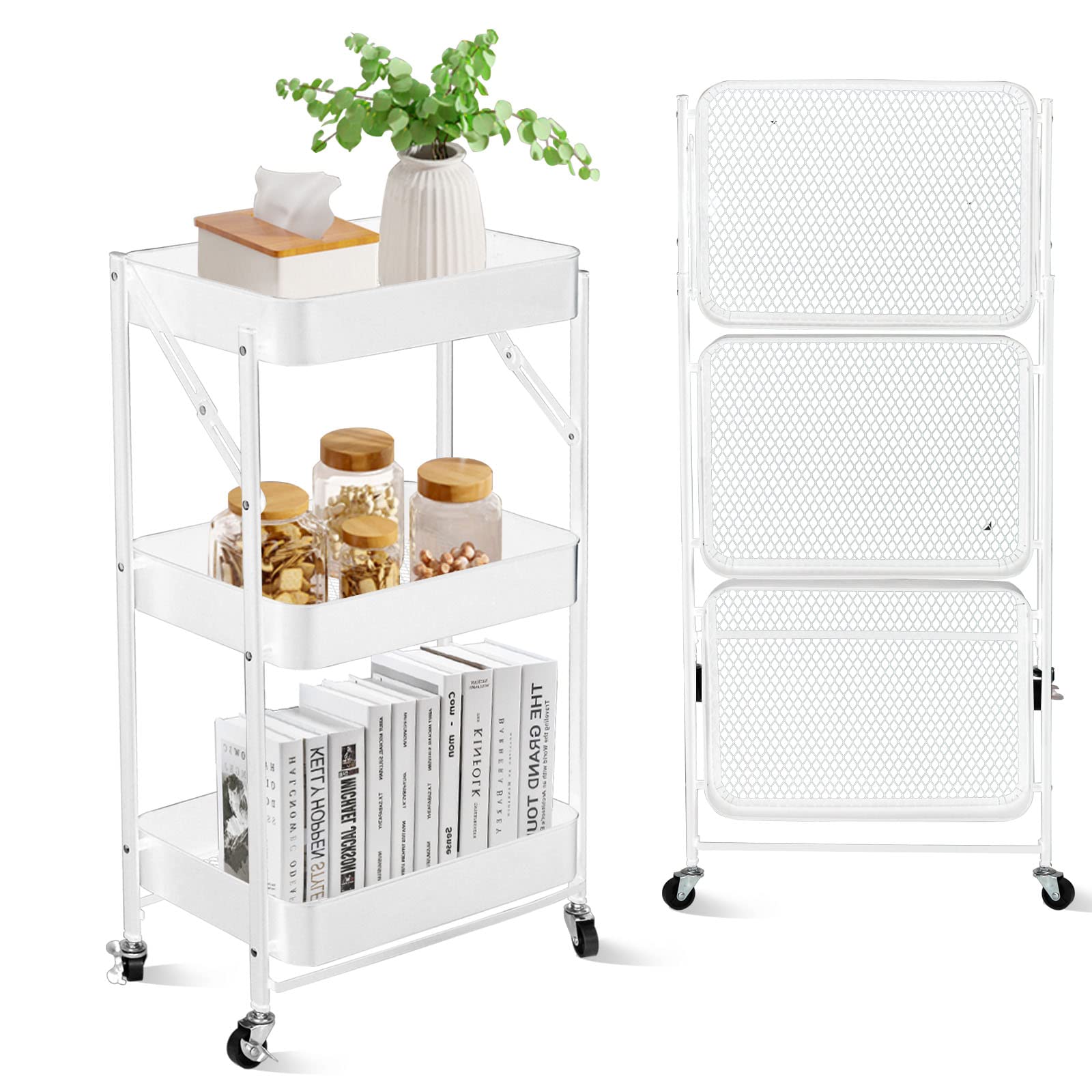 SKY-TOUCH 3 Tier trolley organizer,Foldable Metal Rolling Utility Cart Organizer, Multipurpose Organizer Trolley with Casters for Kitchen, Bedroom, Bathroom, Office, Laundry Room and Garage White