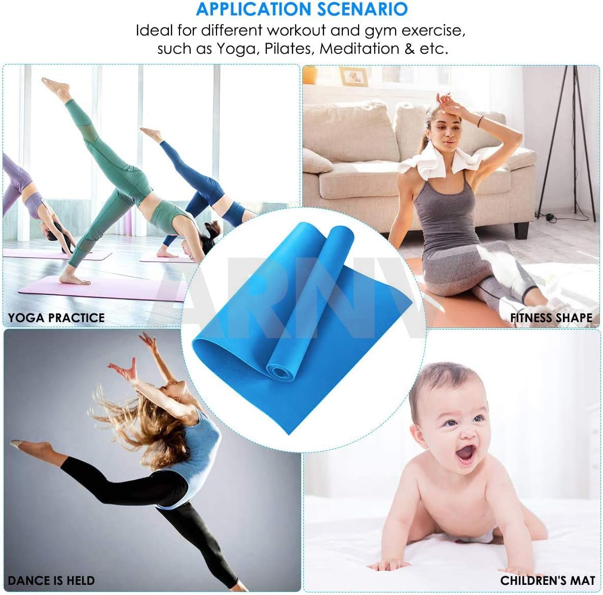 ARNV Yoga And Exercise Mat With Carrying Strap, 8Mm (Blue) (Made In India)