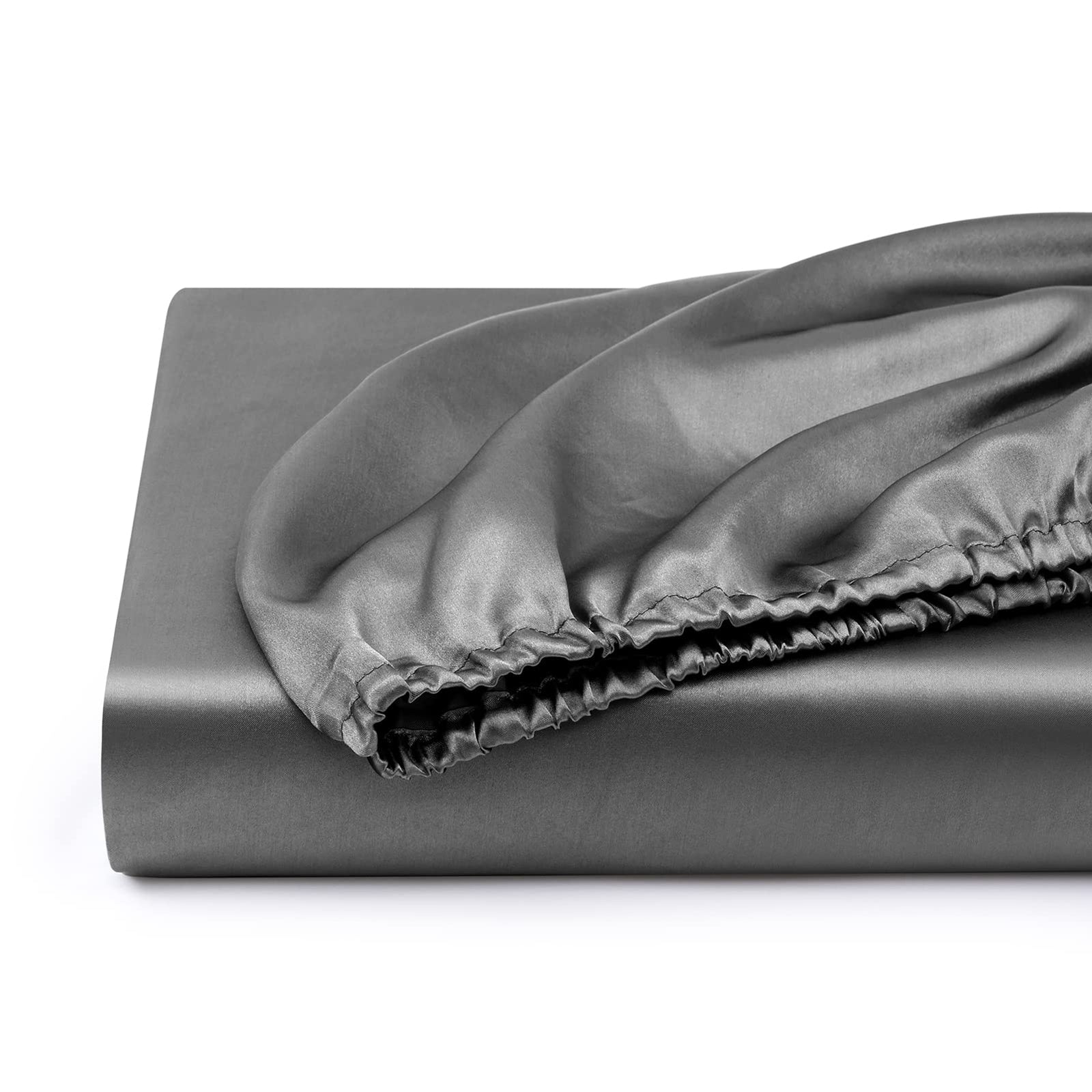 Queen Silk Satin Fitted Sheet, Soft Deep Pocket Single Bottom Bed Sheets Sold Separately, Wrinkle Free, Non- Fading, Breathable, Fully Elasticized(Queen Size, Dark Grey)