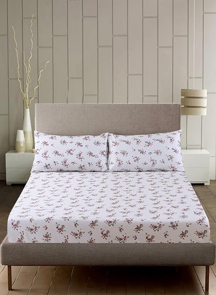 Home Town Floral Printed 250 Tc King White Fitted Sheet,50X80+15Cm