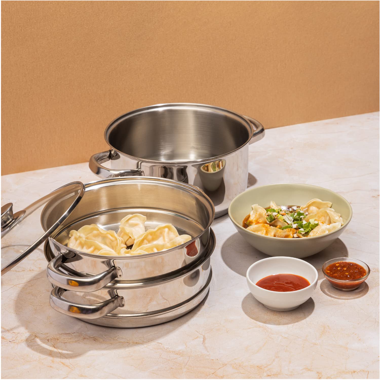 Vinod Stainless Steel Steamer 3 Tier with Glass Lid 20 cm | 2.5 mm Thick Base | Multi Purpose Momos,