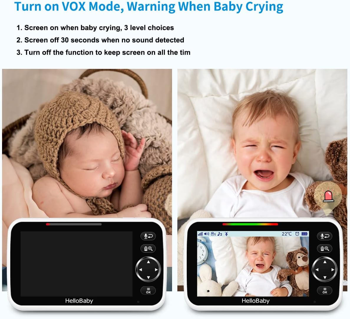 جهاز مراقبة HelloBaby المطور، شاشة 5 بوصات مع بطارية تدوم 30 ساعة، جهاز مراقبة فيديو للأطفال مع كاميرا وصوت، رؤية ليلية، VOX، حديث ثنائي الاتجاه، 8 تهويدات ومدى 1000 قدم بدون واي فاي، هدايا مثالية