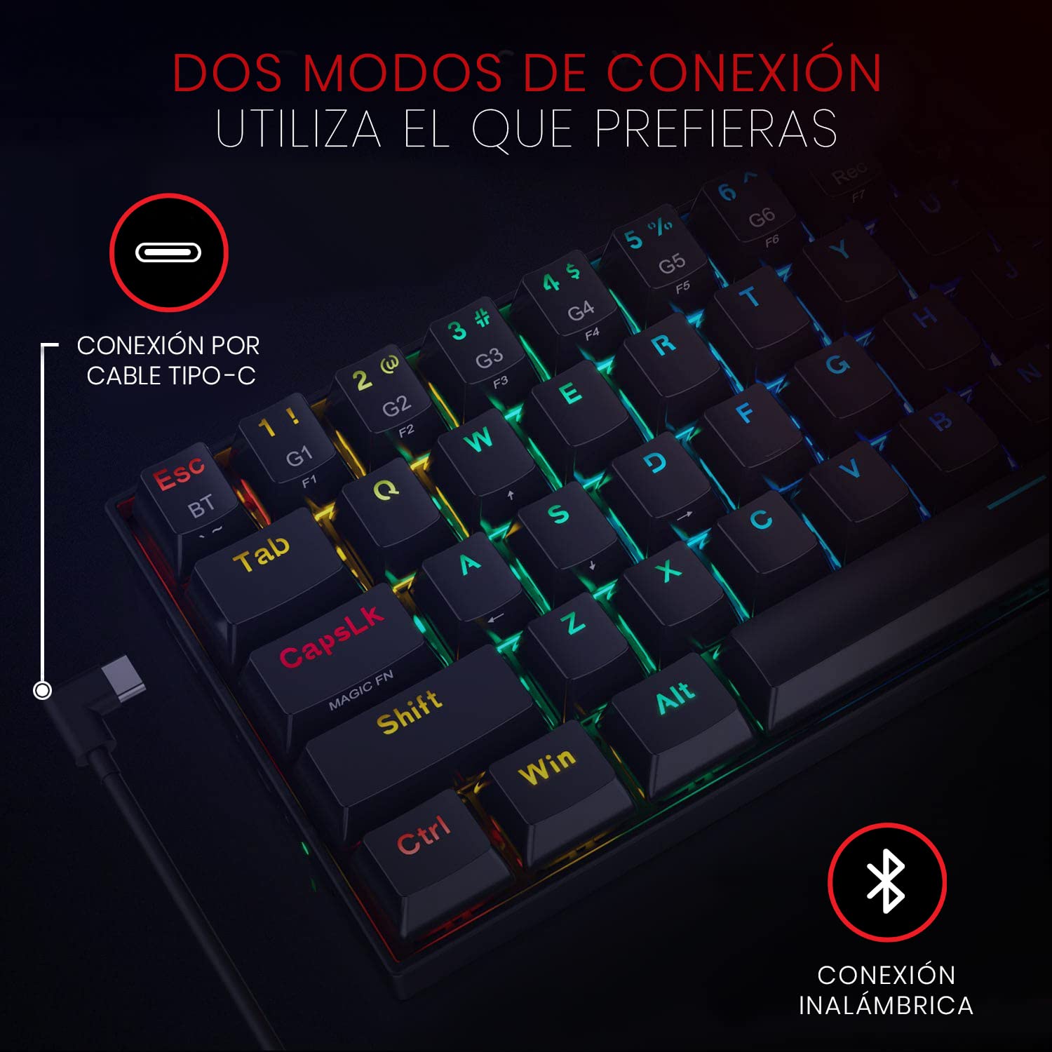 Redragon K530 Draconic 60% Compact Rgb Wireless Mechanical Keyboard, 61 Keys Tkl Designed 5.0 Bluetooth Gaming Keyboard With Brown Switches And 16.8 Million Rgb Lighting For Pc, Laptop, Cell Phone