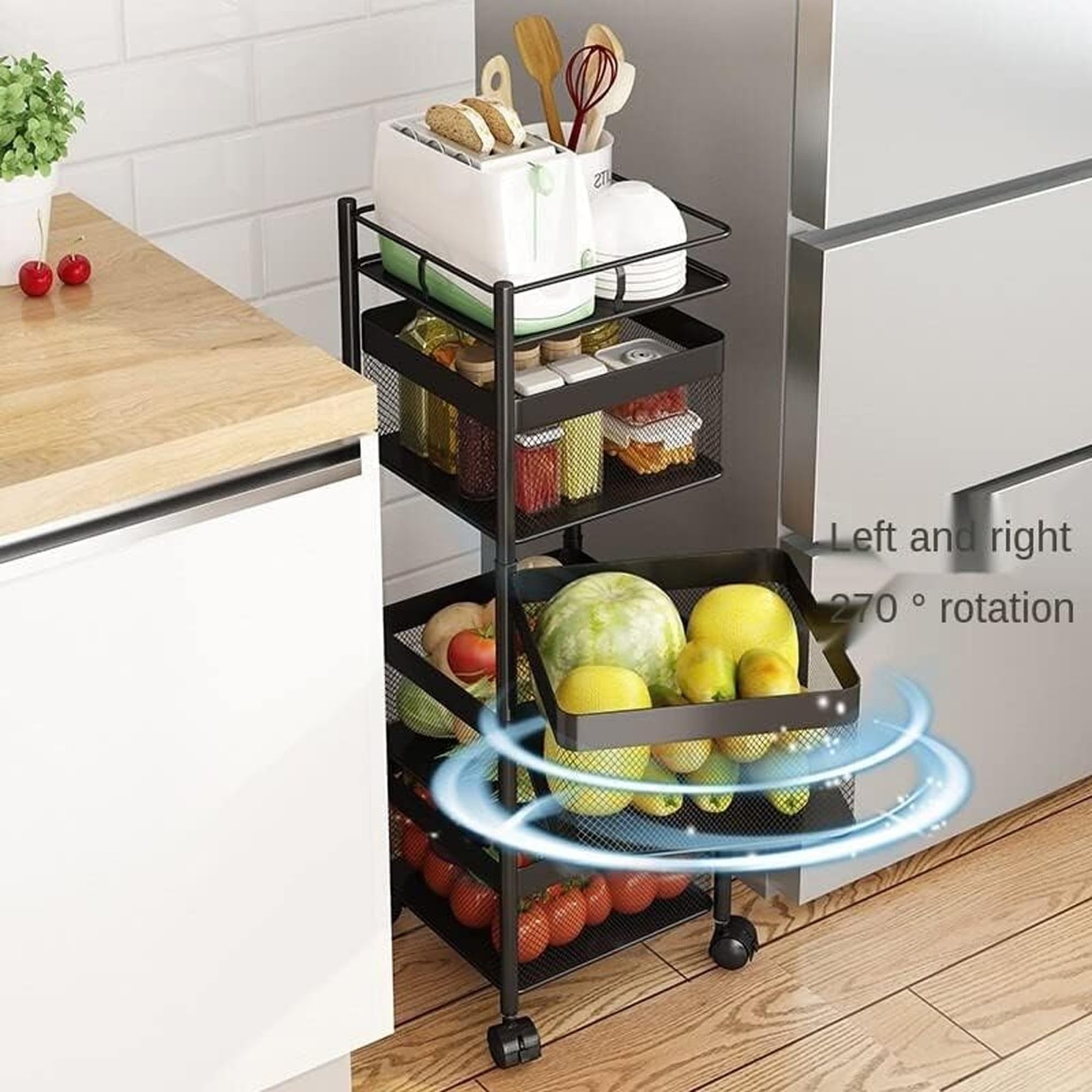 Sulfar Multi Purpose Trolley Storage Organizer And kitchen accessories items for Kitchen Storage Rack Square Design Fruits & Vegetable Onion Cutlery (Matt Black, 4 Layer Drawer)