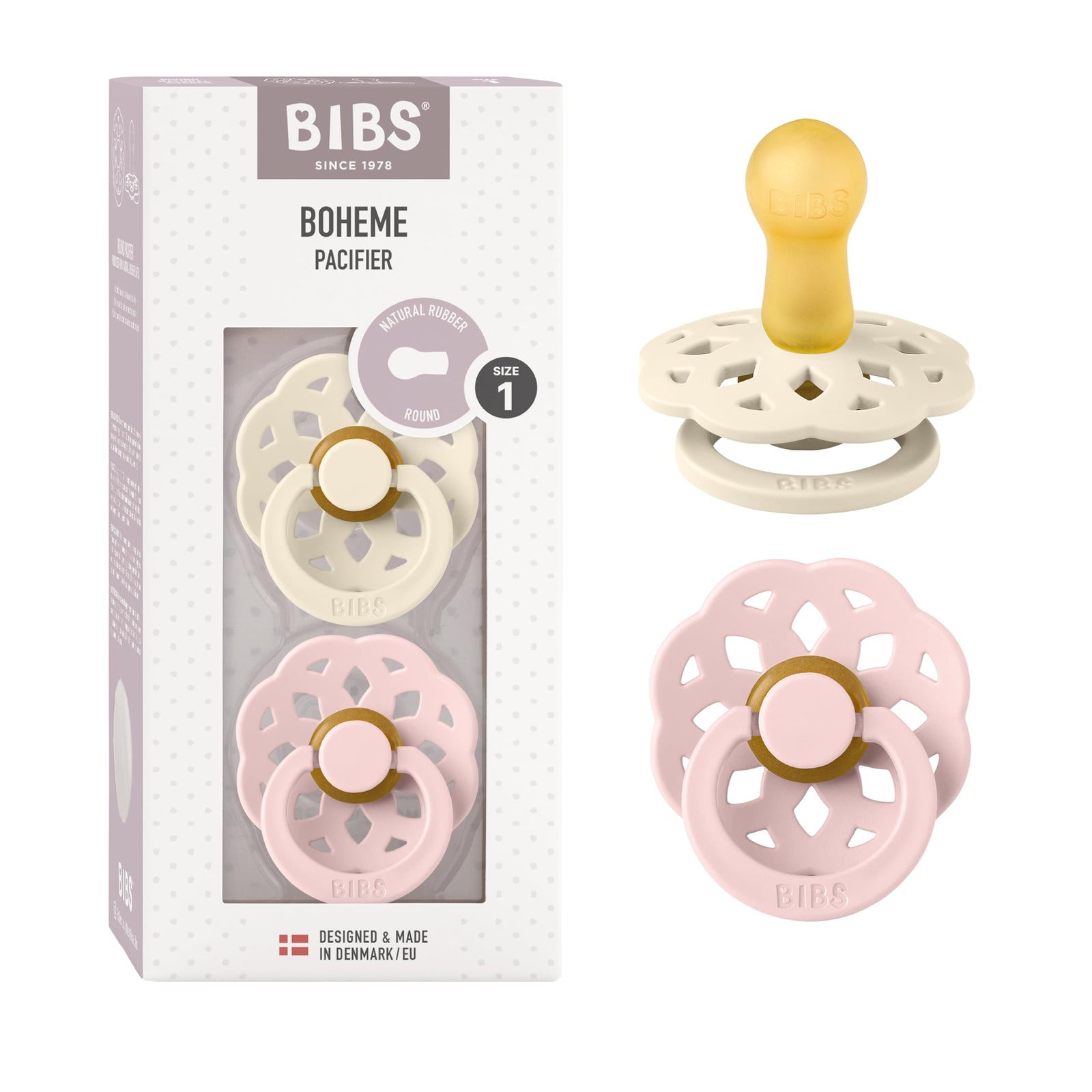 Bibs Boheme Natural Rubber Latex Round Pacifier Size 1-0-6M 2-Pack - Ivory/Blossom