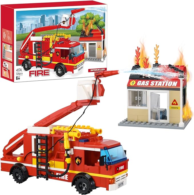 City Fire Rescue Sprinkler with Gas Station Firefighter Building Set - STEM Firefighting Truck Model & Creative Gift for Kids 6-12, 328 Pieces 🚒