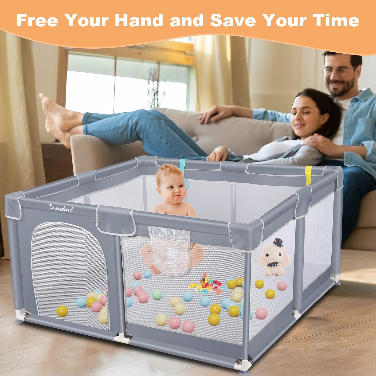 Tenckat Baby Playpen for and Toddlers,125x125cm Portable Babypen with Anti-slip Base, Sturdy Safety Playards Soft Breathable Mesh, 2 Pulling Rings Bag, grey, 1 Count, 3.38 kg