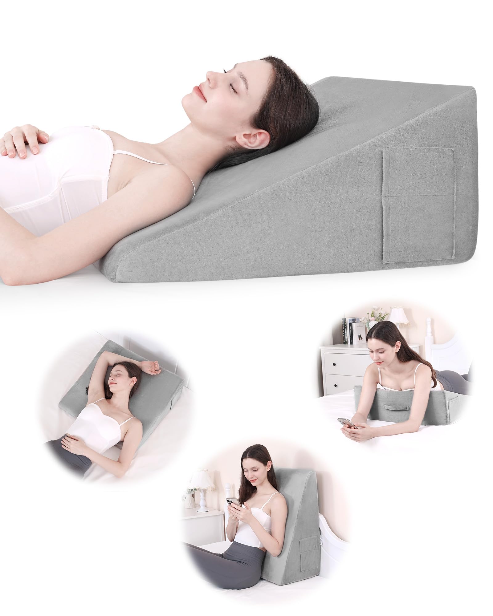 Lossey Wedge Pillow for Sleeping, 12 Inch Bed Wedge Pillow for After Surgery, Acid Reflux, Snoring, Memory Foam Top Triangle Pillow Wedge for Head, Back, Leg Pain Relief with Machine Washable Cover