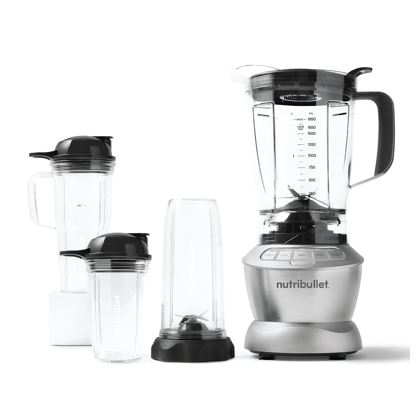 NutriBullet Full Size Blender + Combo 1200 Watts, 9 Piece Set, Multi-Function High Speed Blender, Mixer System With Nutrient Extractor, Smoothie Maker, Silver , NBC-12A.