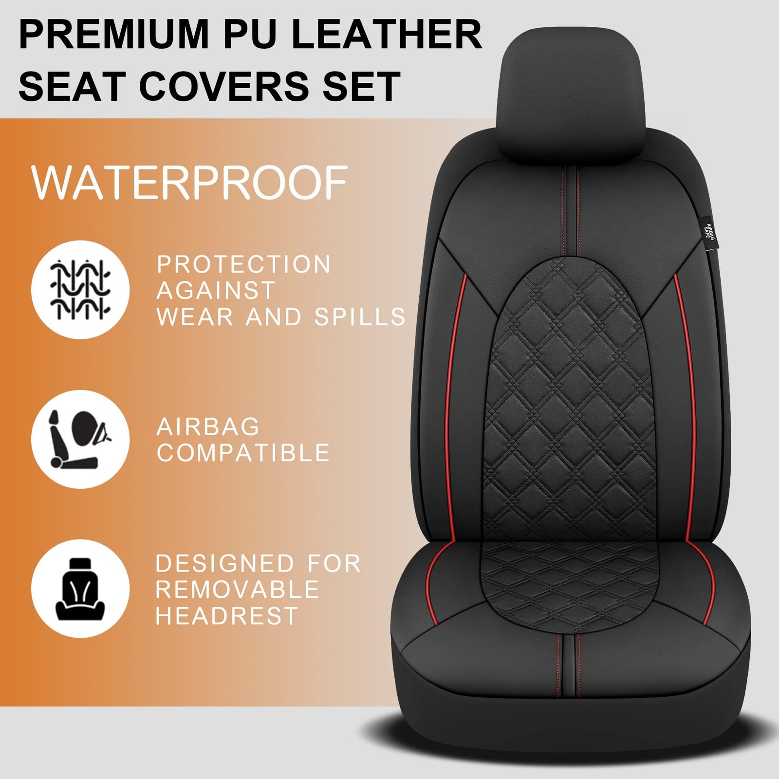 CAROMOP Luxury Leather Car Seat Covers Full Set-Waterproof Seat Protectors with Split Bench Seat Covers for Cars-Universal Cars Interior Covers for Sedans, SUVs, Pick-up Trucks (Black/Red Line)