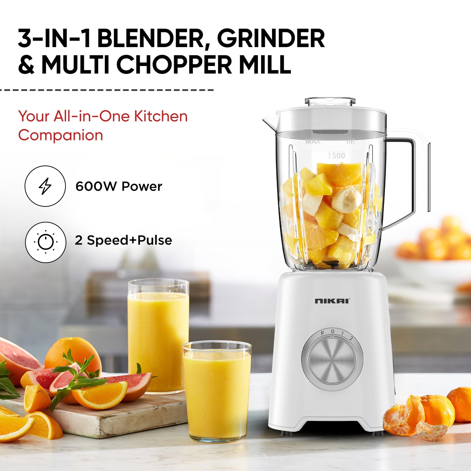 Nikai 3-in-1 Blender with 3 Jars, 1.5 Ltr Liquid Jar, 1 Coffee Grinder & 1 Meat Mincer, 2 Speeds, Stainless Blades, Unbreakable Jar, Perfect for Dry & Wet Fine Grinding, Mixing & Juicing-NB1900NA1