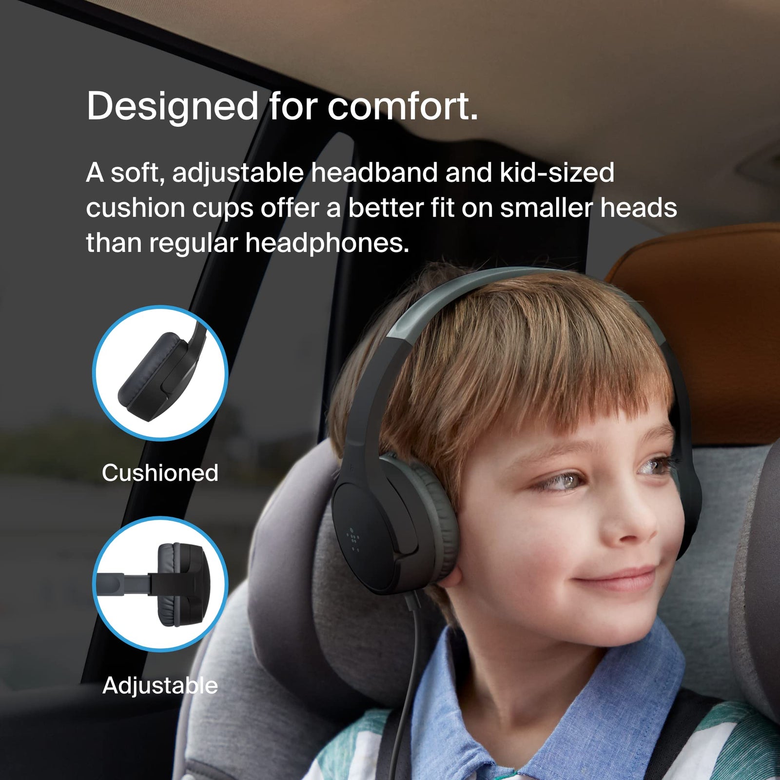 Belkin SoundForm Mini Wired On-Ear for Over-Ear Headset for Children with inline Microphone for Online Learning, School, Travel, Play, For 3.5mm Compatible Devices - Black, Kids Headphones (Wired)