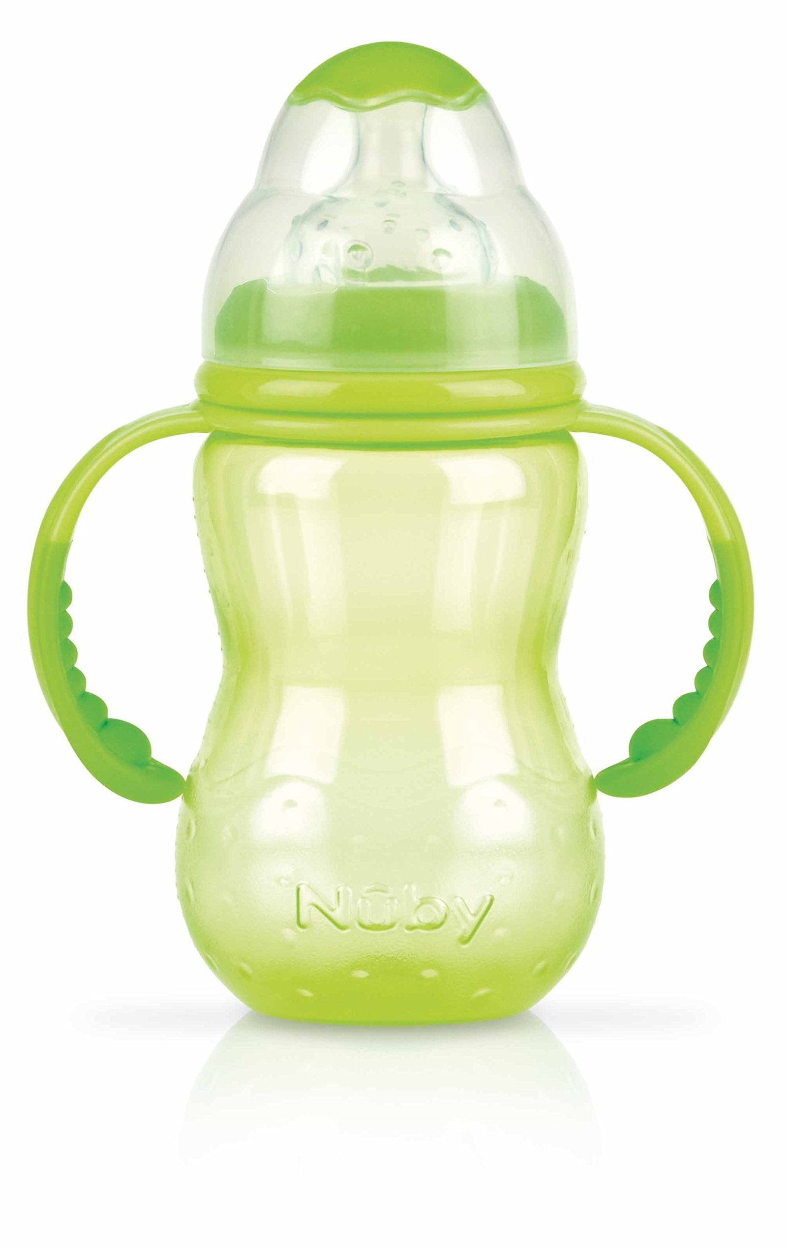 Nûby 1095 Wide-Neck Polypropylene Bottle 300 ml with Handles and No-Spill Silicone Variable-Flow Teat Suitable for 4 Months and Older (Colour Chosen at Random)