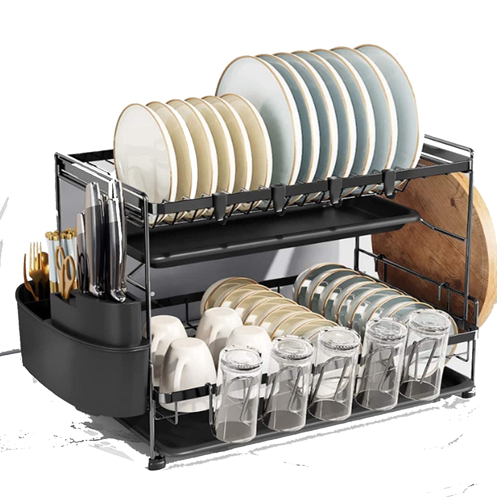 Sulfar 2 Tier Dish Drying Stand with Drainer, Large Kitchen Dish Rack with Utensil, Cup & Cutting Board Holder, Anti-Rust Coating