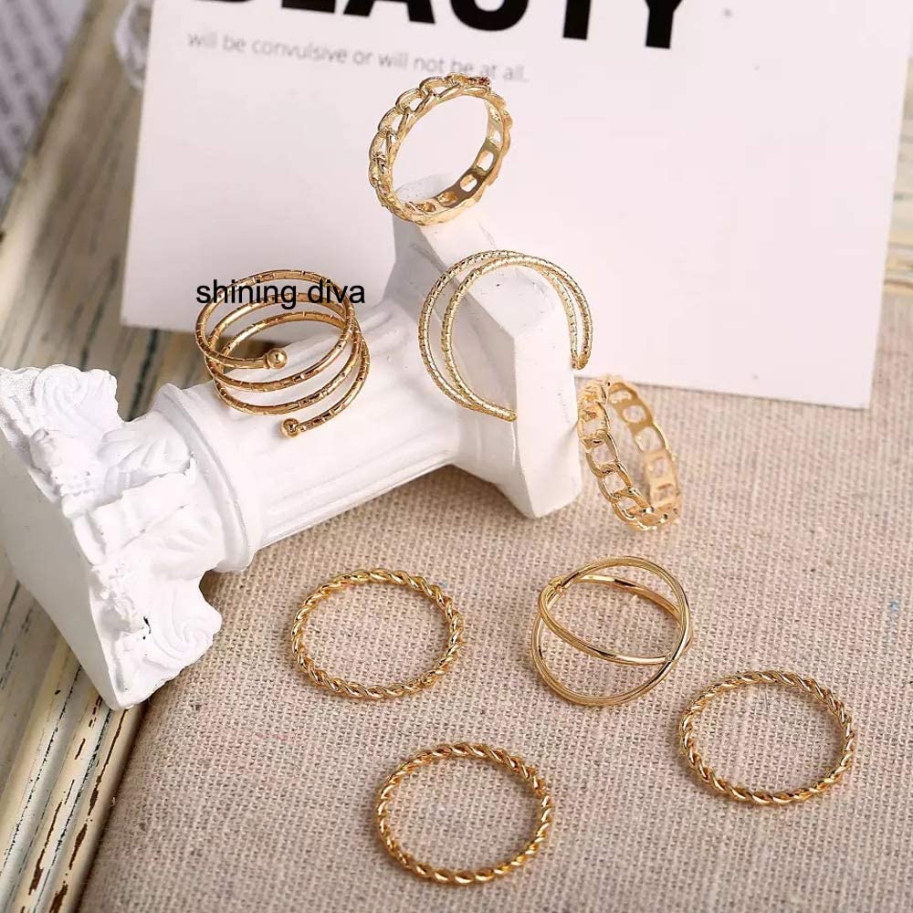 Shining Diva Fashion Metal Alloy Boho Midi Finger Crystal Rings for Women - Set of 8 (11811r)