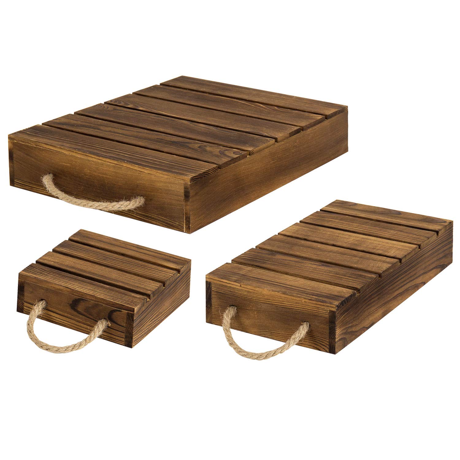 MyGift Burnt Wood Rustic Cake Stand Risers for Display, Wooden Pallets Style Tiered Dessert Stand, Cupcake Display Boxes with Rope Handles, Set of 3