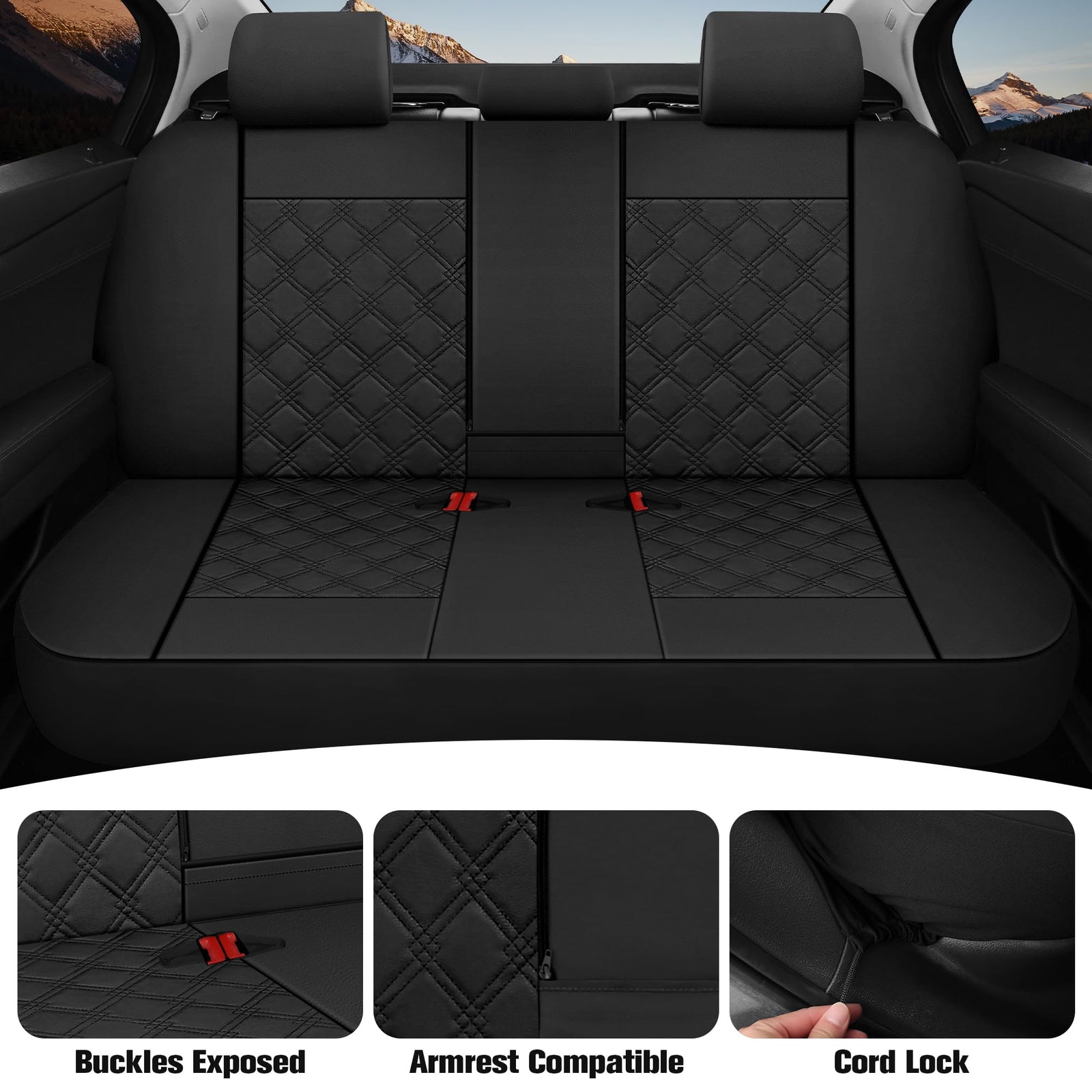 CAROMOP Luxury Leather Car Seat Covers Full Set-Waterproof Seat Protectors with Split Bench Seat Covers for Cars-Universal Cars Interior Covers for Sedans, SUVs, Pick-up Trucks (Black/Red Line)