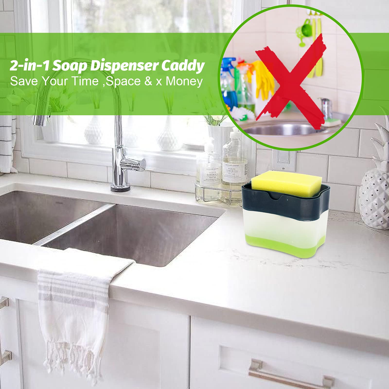 SKY-TOUCH Soap Pump Dispenser and Sponge Holder for your Kitchen Sink, Counter Top Liquid Dish Washing Dispenser