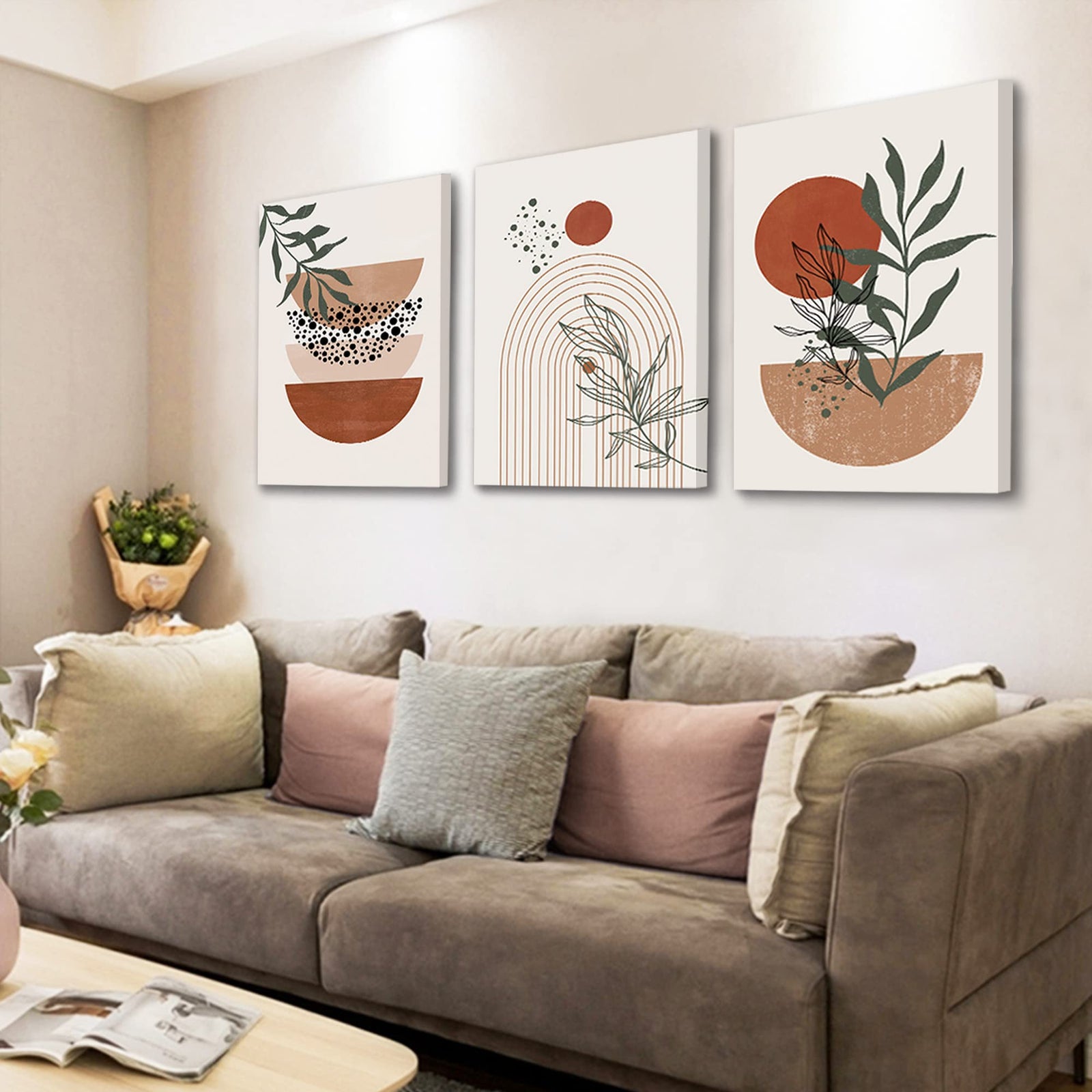 Boho Wall Art Prints, Boho Wall Decor, Mid Century Modern Wall Art, Set of 3 Prints, Abstract Geometric Prints Black Beige Terracotta Minimalist Art, Natural Framed Canvas Prints Artwork For Living