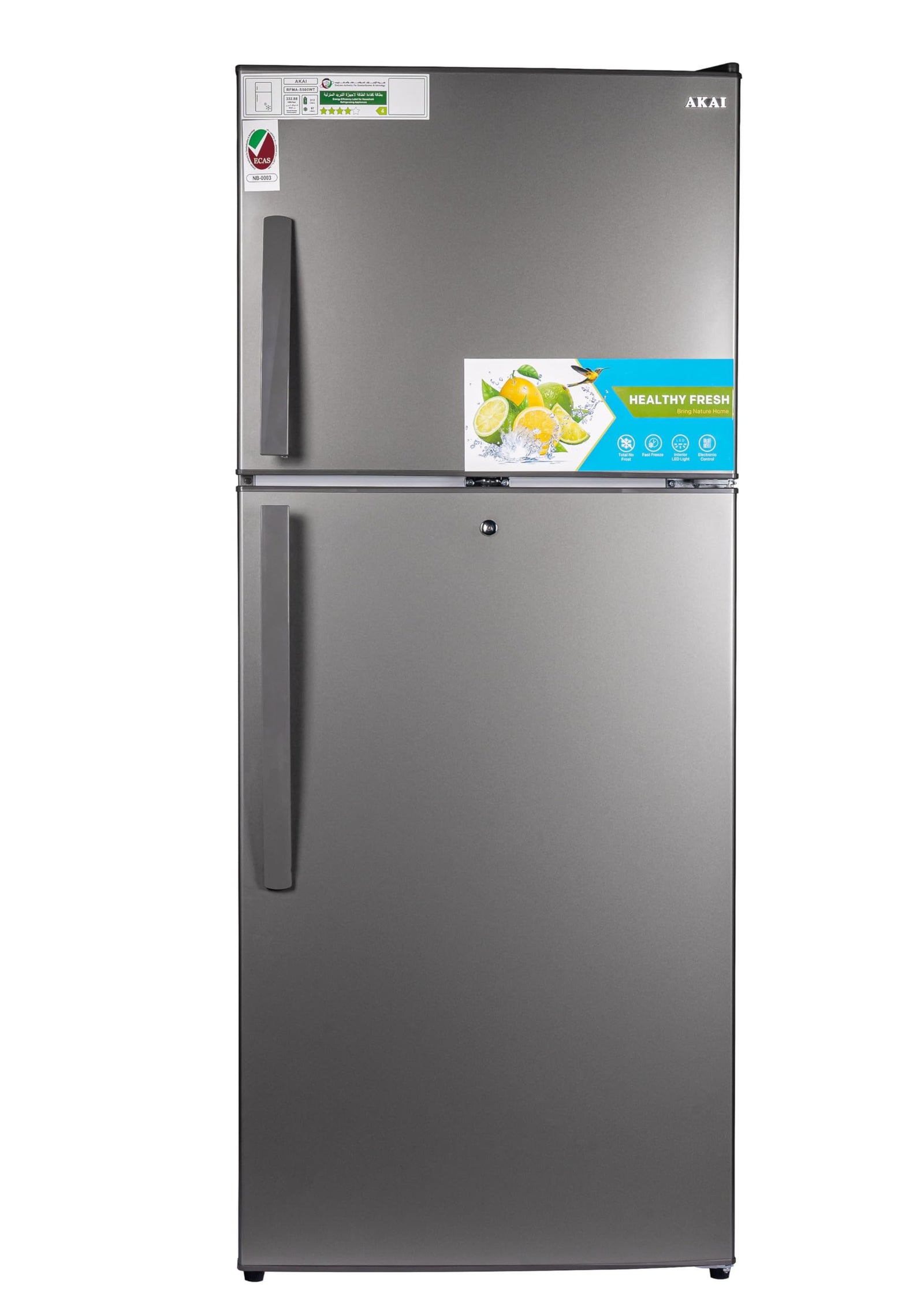 AKAI 500 Liters Double Door Refrigerator with NO FROST Fridge Freezer with Glass Shelves, LED Light Inside, Digital Control, Fast Freezing, 4 Star ESMA Rated, Titanium Finish, RFMA-S500WTA-NEW MODEL