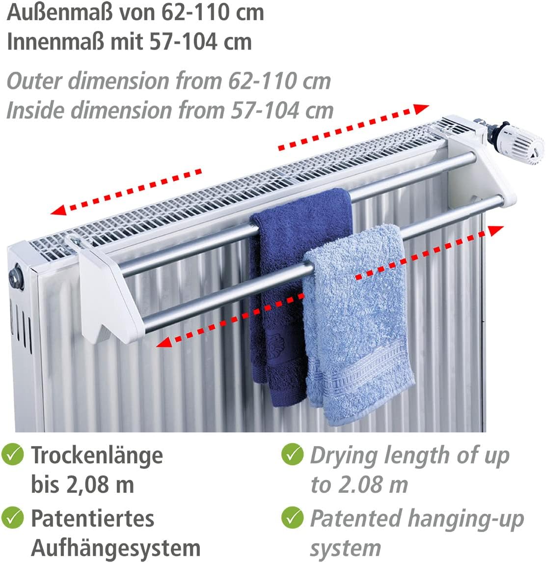 WENKO Standard Radiator Clothes Dryer, Aluminium, Extendable, Indoor & Outdoor Portable, Home Laundry Helper, 62-110x11.5x13cm, Aluminium